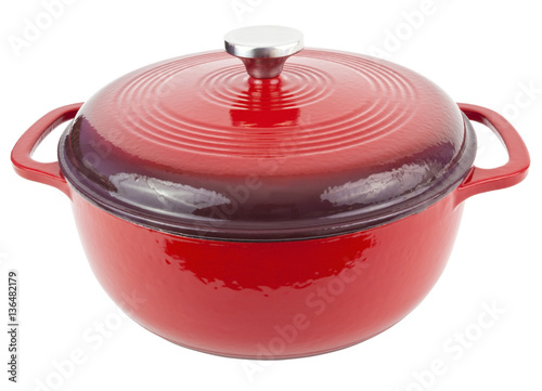 Shiny red iron casserole pot. Isolated.