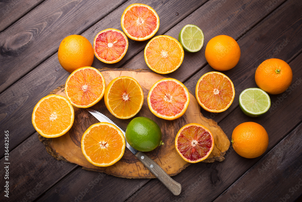 Slices of orange and citrus. Top view Slices of orange and citrus. Top view