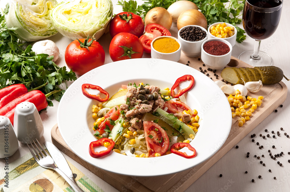 ceasar salad in the plate and many eating product ceasar salad in the plate and many eating product