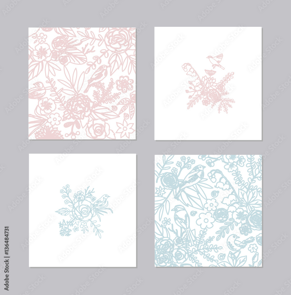 Set of creative universal floral cards. Wedding, anniversary, birthday, Valentin's day, party invitations. Vector. Set of creative universal floral cards. Wedding, anniversary, birthday, Valentin's day, party invitations. Vector.