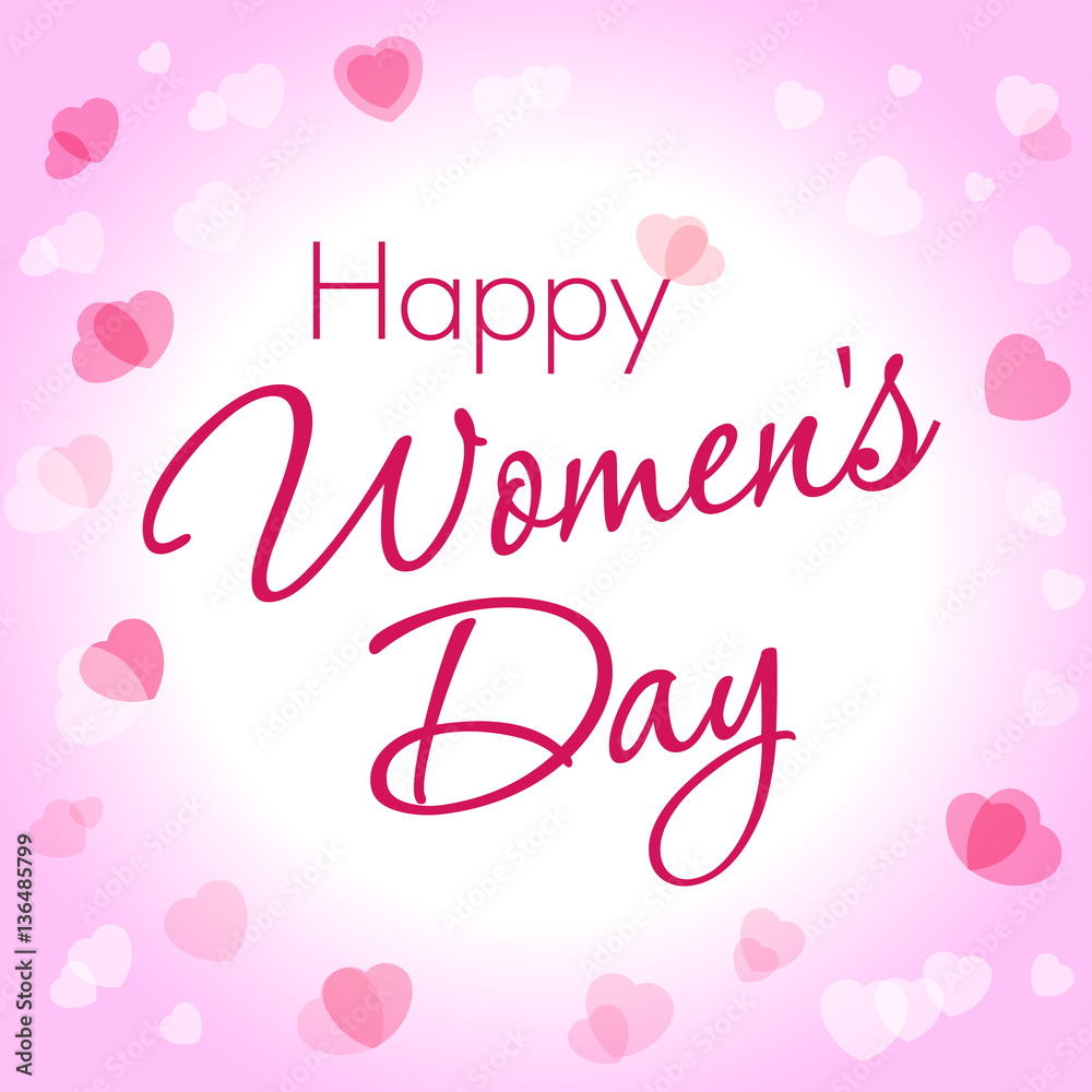 Happy Women's Day hearts lettering greeting 8 March card template. Happy Women's Day lettering greeting on light pink hearts background