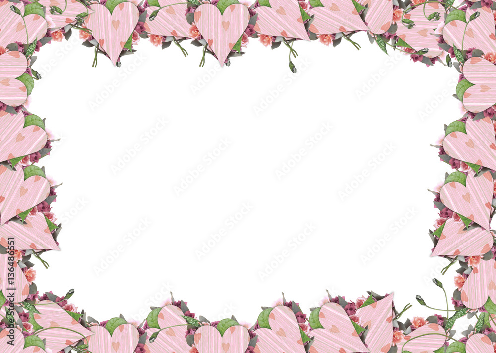 Delicate frame with an ornament of pink hearts and green leaves on the perimeter of the card Delicate frame with an ornament of pink hearts and green leaves on the perimeter of the card