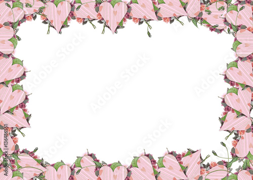 Delicate frame with an ornament of pink hearts and green leaves on the perimeter of the card
