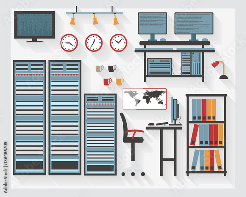 Flat Business Server Room Furniture Icons with Computers - All Long Shadows on one layer - contains blends
