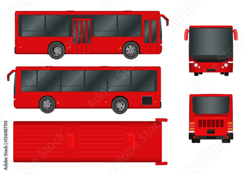 Red City bus template. Passenger transport all sides view from top, side, back and front. Vector illustration eps 10 isolated on white background.