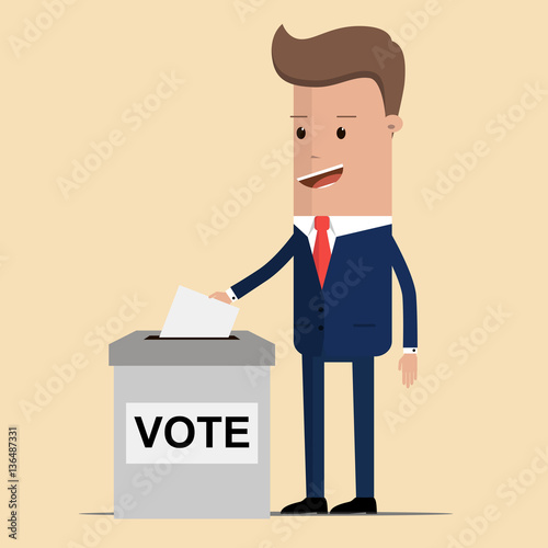 man in a suit, businessman putting paper in the ballot box. Voting concept