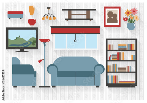 Lounge Furniture Flat Icons with Couch and Bookcase - All Long Shadows on one layer - contains blends
