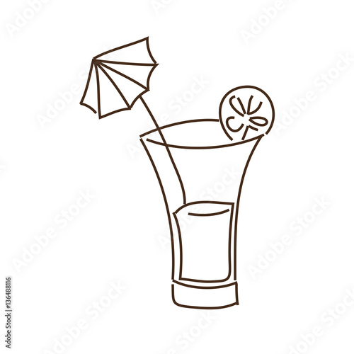 monochrome contour with cocktail drink with lemon slice and decorative umbrella vector illustration