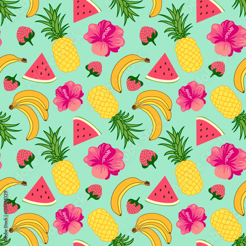 Floral seamless pattern with tropical fruit