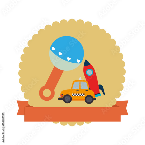 colorful silhouette with rattle and rocket and car toy in circle with ribbon vector illustration