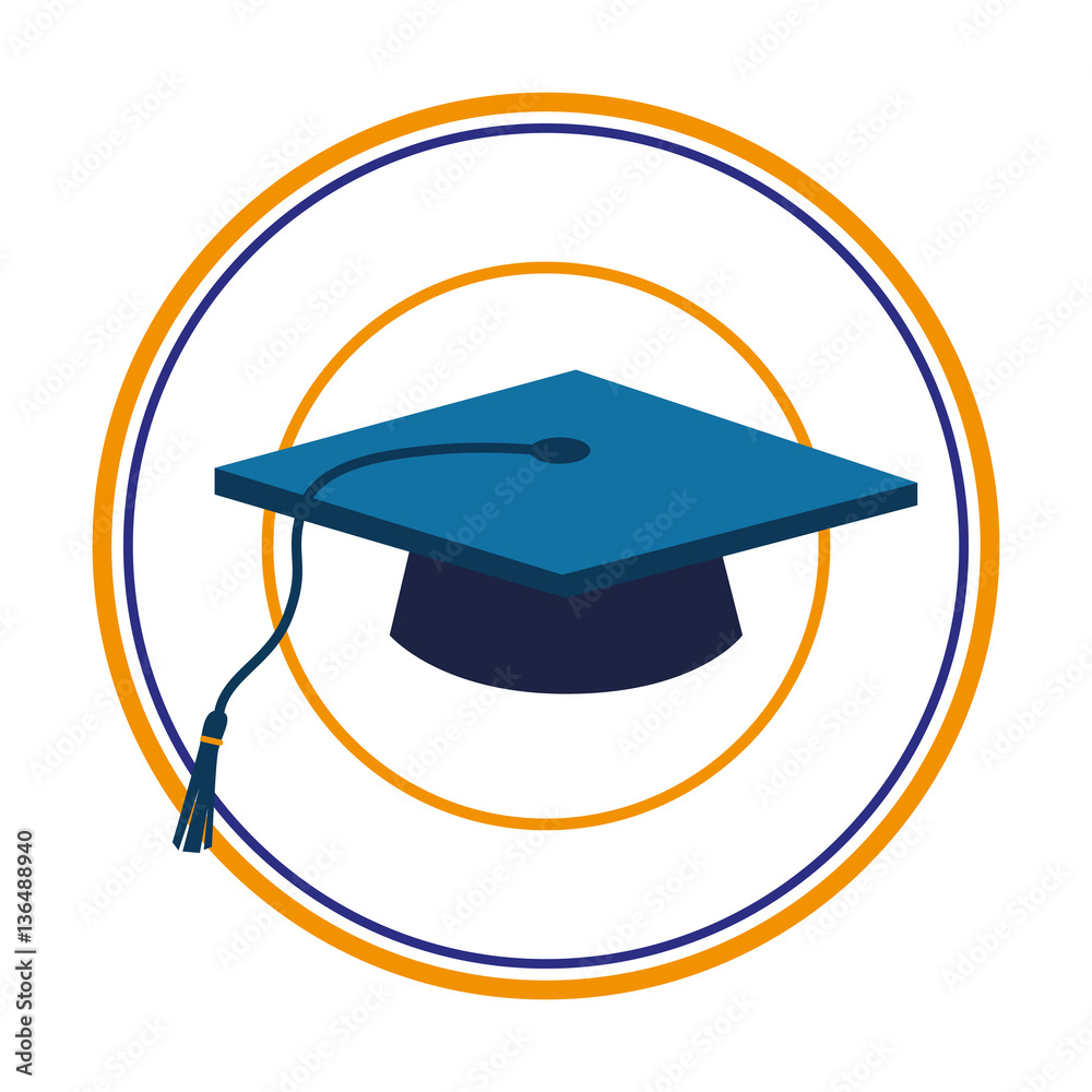 color silhouette with dark blue graduation cap in circular frame vector