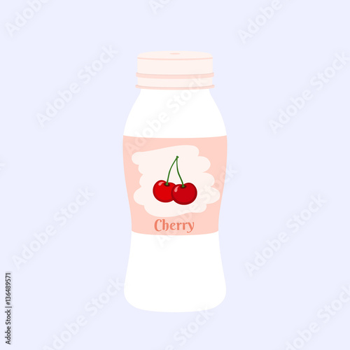 Cherry yogurt in plastic cup. Milk cream product. Flat style.