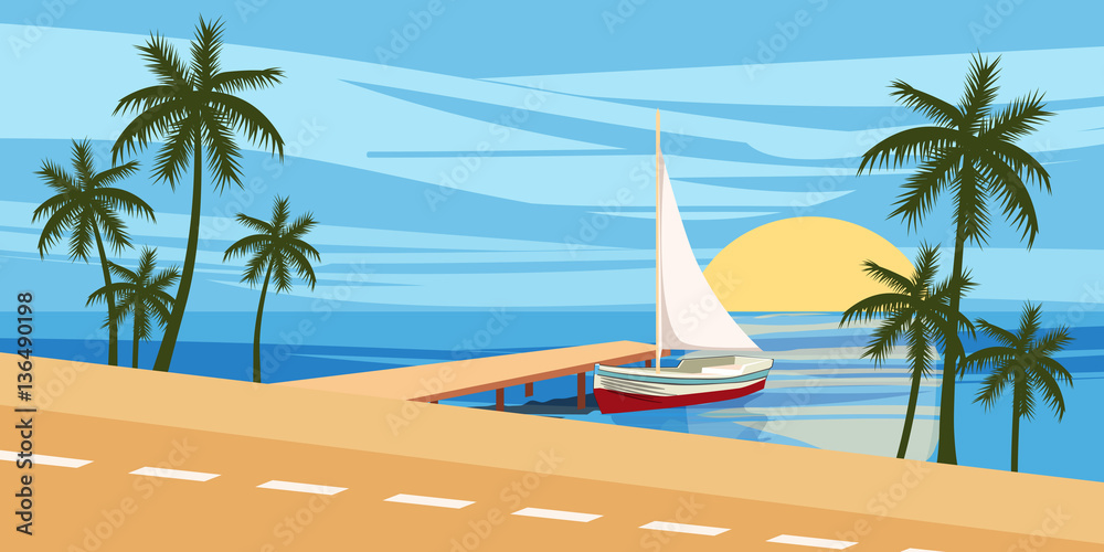 Beach, pier, sea, sailboat, palm trees, cartoon style, vector. illustration