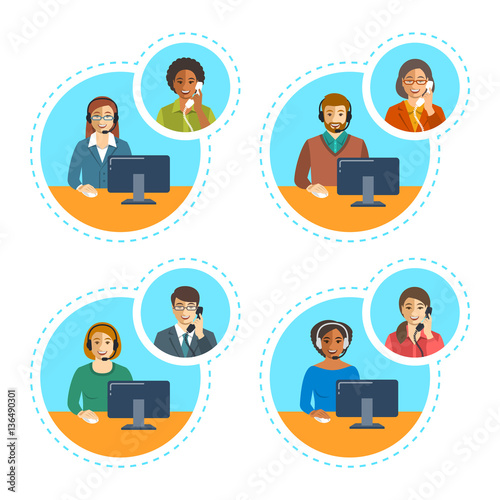 Call center agents team talking on the phone with customers. Flat vector banners. Customer care operators. Online technical support service assistants with headphones.
