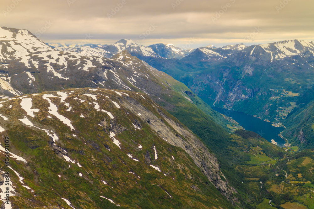 View on Geirangerfjord from Dalsnibba viewpoint in Norway