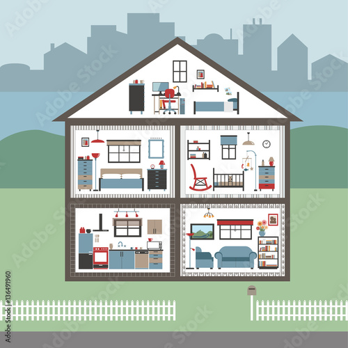 Cutaway Residential House with Furniture in Color - detailed rooms include furnishings - grouped and layered EPS10
