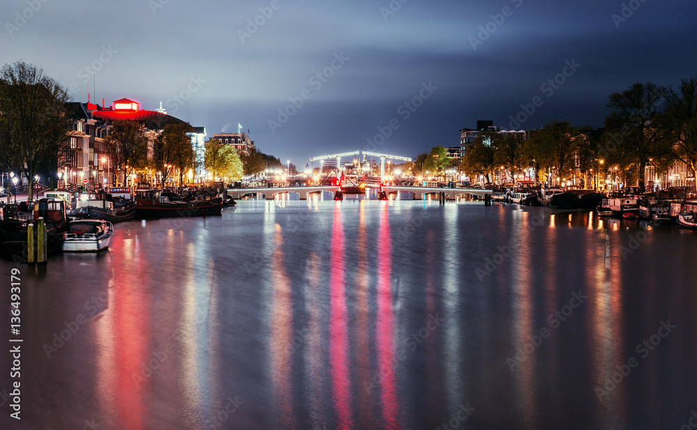Beautiful night in Amsterdam.  illumination of buildings an