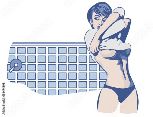 Beauty woman in shower, light blue vector image