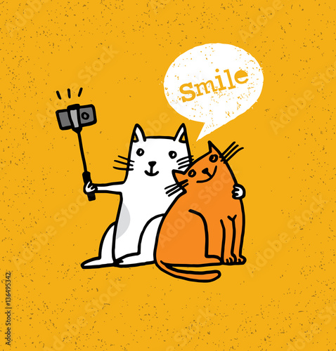 Two Cats Making Photo Using Selfie Stick. Funny Animal Illustration On Distressed Background