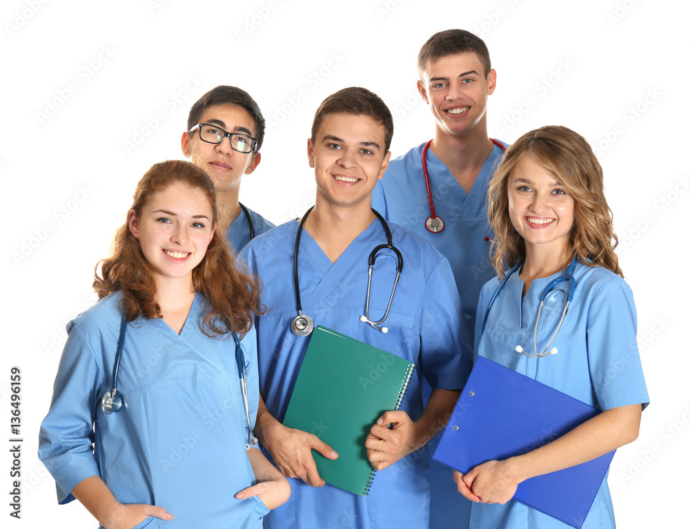 Fototapeta premium Group of young doctors on white background