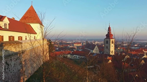 4K. Panoramic view from the Castle on the old city Ptuj in Slovenia. Sunset time. 