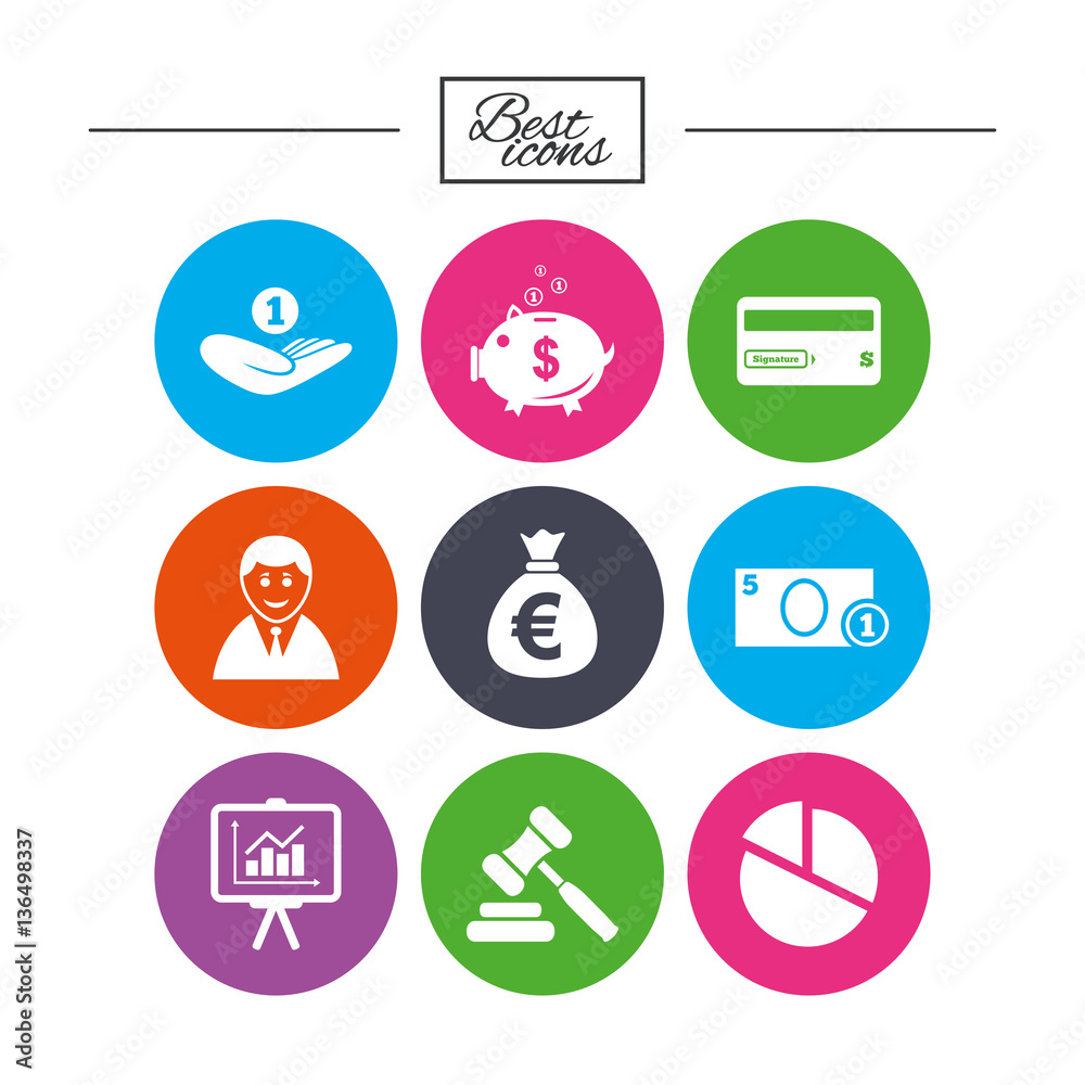 Money, cash and finance icons. Piggy bank sign.