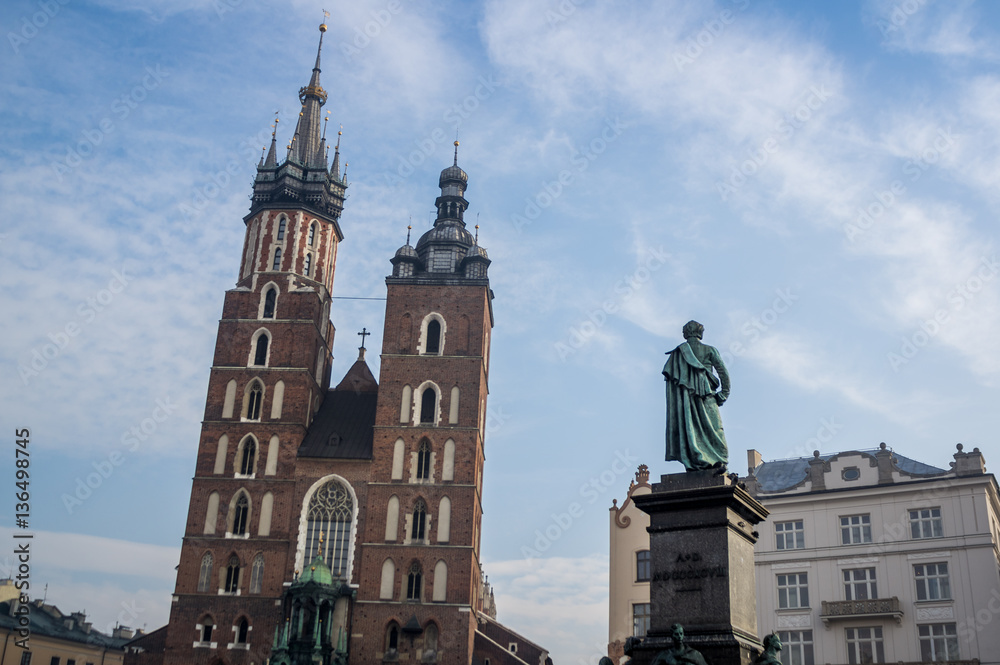 Saint Mary's Church and Adam Mickiewicz monument, Krakow, Poland