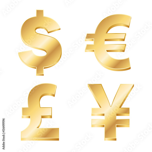vector illustration of four currency signs in gold