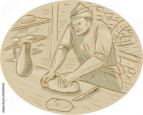 Medieval Baker Kneading Bread Dough Oval Drawing