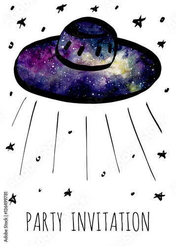 Plakat Zaproszenie na przyjęcie z akwarela niezidentyfikowany obiekt latający