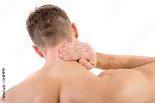 Man with neck pain over white background