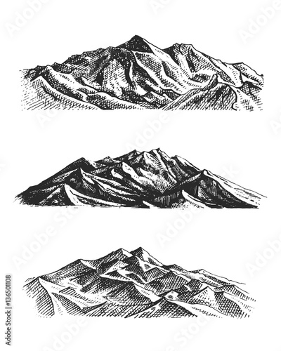 big set of mountains peaks, vintage, old looking hand drawn, sketch or engraved style, different versions for hiking, climbing.