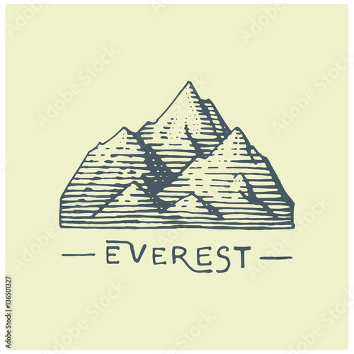 engraved vintage logo with mountains in hand drawn, sketch style, old looking retro badge for national parks and camping, alpine and hiking theme