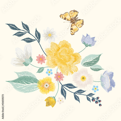 Embroidery simplified floral pattern with butterfly and flowers. Vector asymmetrical traditional trend fashion ornament with leaves and various plants on beige background.