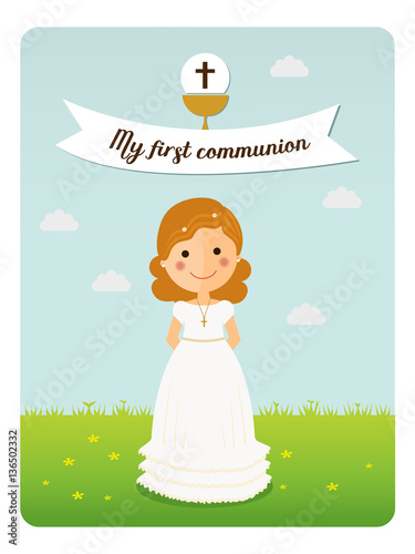 My first communion reminder with curly hair girl and blue sky background