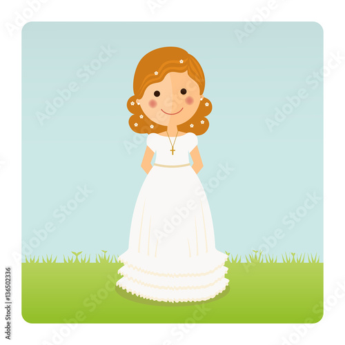 Canvas Print Girl communion with curly hair on blue sky background
