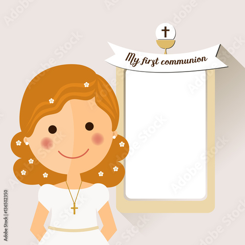 My first communion invitation with foreground girl and message on ochre background