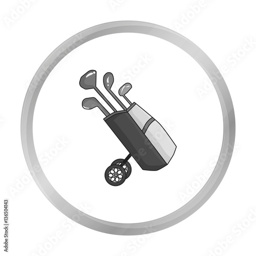 Golf bag on wheels with clubs icon in monochrome style isolated on white background. Golf club symbol stock vector illustration.