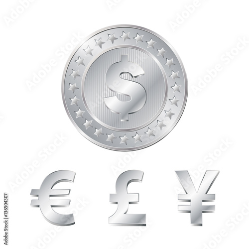 vector silver coin with dollar, euro, pound and yen signs