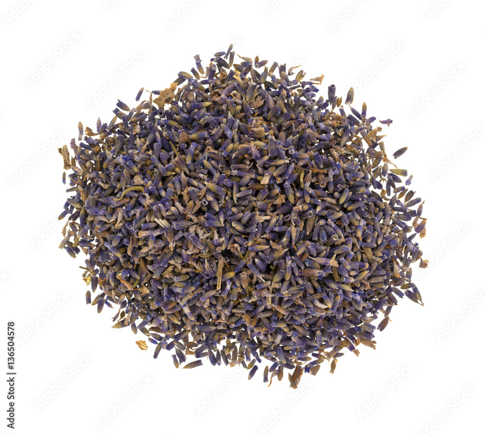 Top view of dried lavender flower petals isolated on a white background. Top view of dried lavender flower petals isolated on a white background.