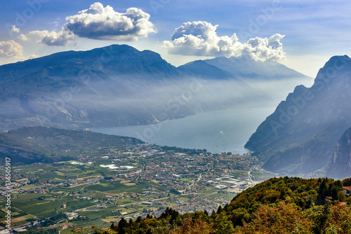 Panorama of the gorgeous Lake Garda surrounded by mountains in Riva del Garda, Garda Lake aerial view, italy