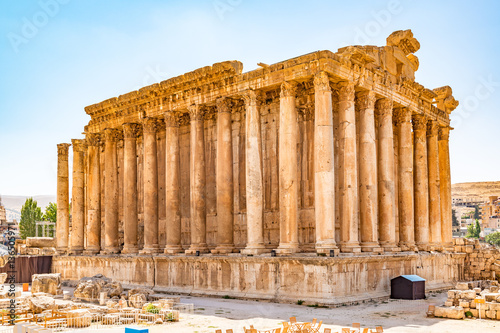 Temple of Bacchus at Baalbek in Beqaa Valley, Lebanon. It is located about 85 km northeast of Beirut and about 75 km north of Damascus. 