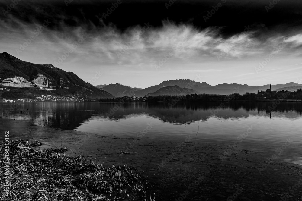Mountains and Lake Panoramic View Black and White