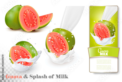 Guava in a milk splash and label on a transparent background. Ve