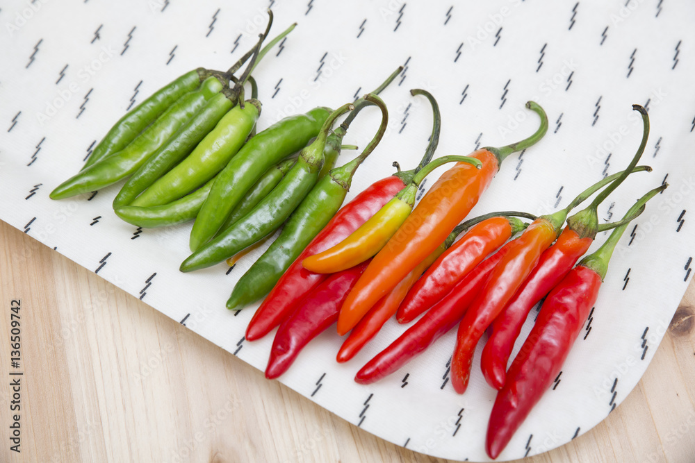 Fresh chili peppers on white tray Fresh chili peppers on white tray