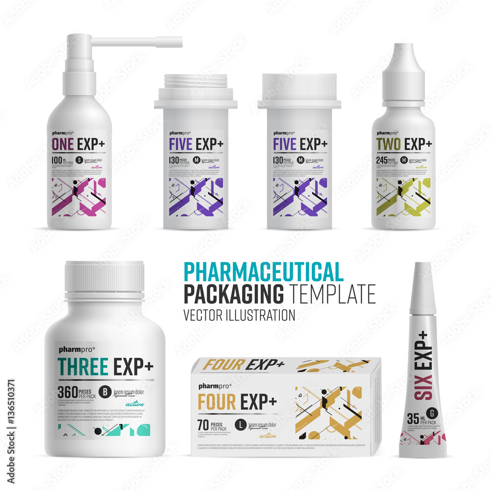Pharmacy package template on white background. Medical product bottle