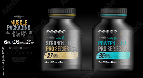 Protein powder tub design template. Sports nutrition and bodybuilding supplement. Whey protein packaging.