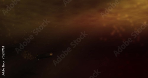 Submarine Torpedo launches by camera in underwater environment in amber sunlight photo