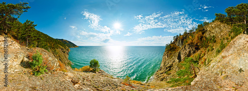 360 cilindrical panorama of a cliff above the water Baikal Sea photo