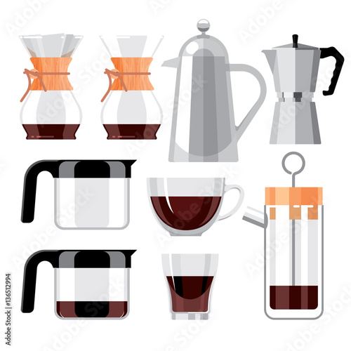 set isolated glass coffee cup, coffee pot, kettle and iron kettle, coffee machine